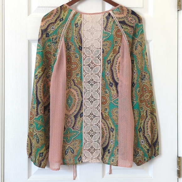 Meadow Rue Anthropologie Giada Crochet Lace & Bohemian Printed Peasant Blouse M - Picture 9 of 11